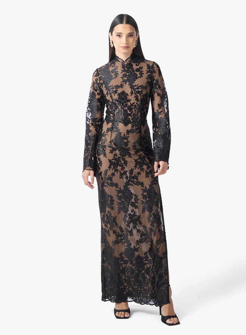 Tfnc black Mesh Lace Detailed High Neck Flared Sleeve Maxi Dress for Women | Best Price UAE