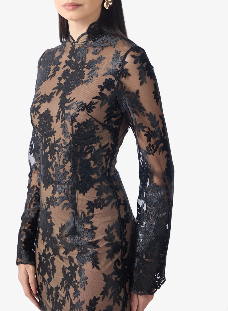Tfnc black Mesh Lace Detailed High Neck Flared Sleeve Maxi Dress for Women | Best Price UAE