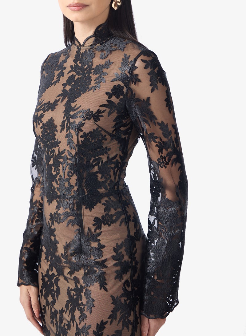 TFNC Mesh Lace Detailed High Neck Flared Sleeve Maxi Dress - Image 3