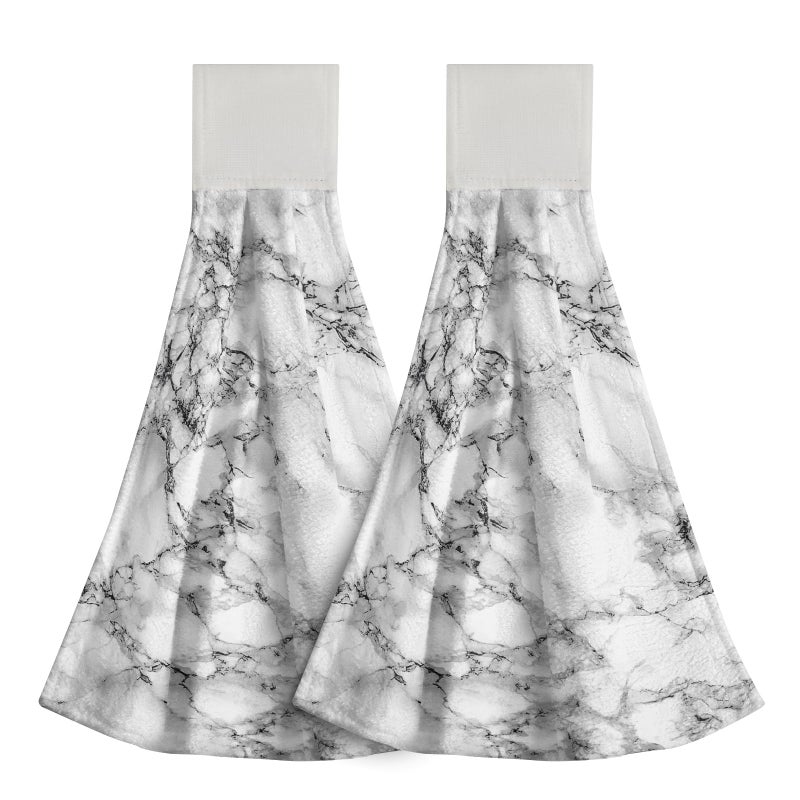 Giwawa White Marble Kitchen Hanging Towel Black Textured Marbling Hand Tie Towels with Hook  Loop Set of 2 Elegant Granite Stone Surface Soft Tea Bar Dish Towel for Bathroom Laundry Room Decor