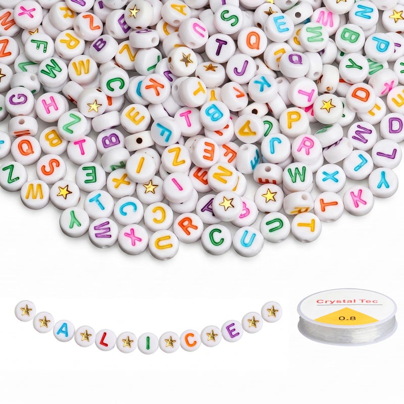 1000 颗字母珠,白色字母珠和彩色心形珠 | 4x7mm A-Z 圆形亚克力珠,用于穿线,非常适合首饰 DIY 制作工艺品手链项链饰品吊坠 - Image 1