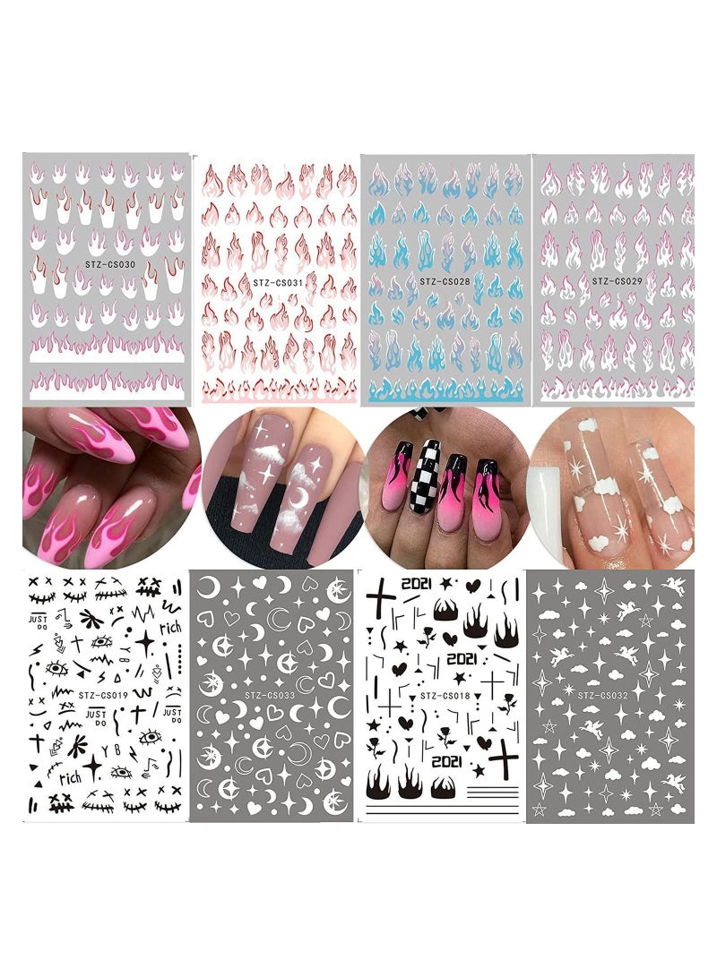 نيبمينينت KASTWAVE 8 Sheets Flame Cloud Moon Cute Pattern Nail Art Stickers for Supplies 3D Self-Adhesive Sticker Decals, Nails Tips DIY Toenails Tattoos Women Manicure Decorations - Image 1