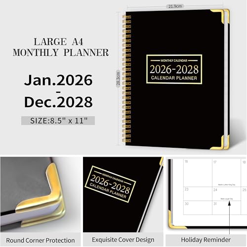 Kamoy 2026-2028 Monthly Planner - 3 Year Monthly Planner 2026-2028, Jan. 2026 - Dec. 2028, 8.5" x 11", 36 Months Calendar Planner with Spiral Bound, Notes Pages, Perfect for School & Office for Women & Men - Black - Image 2