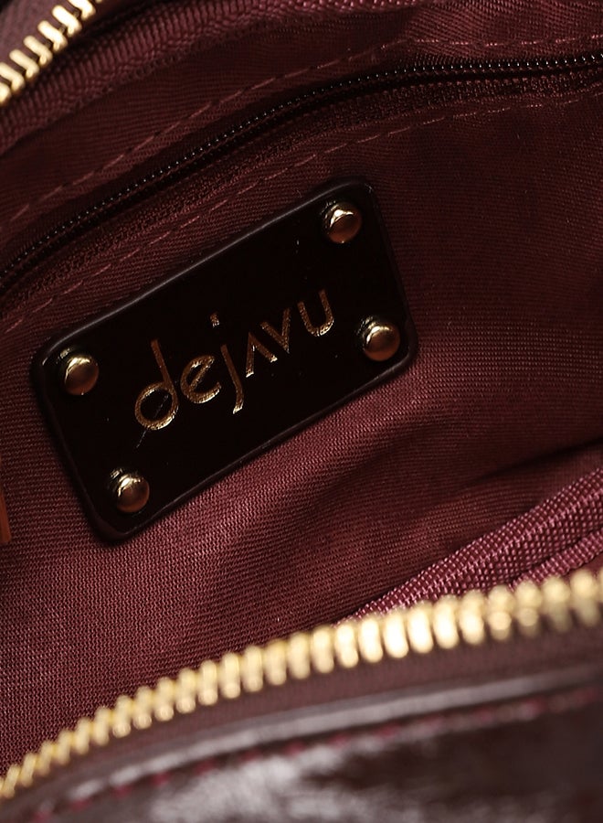 Dejavu BAGS LID-DVTX-029 Quilted Bowler Shinny Zipper Closure Handbag - Burgundy - Image 5