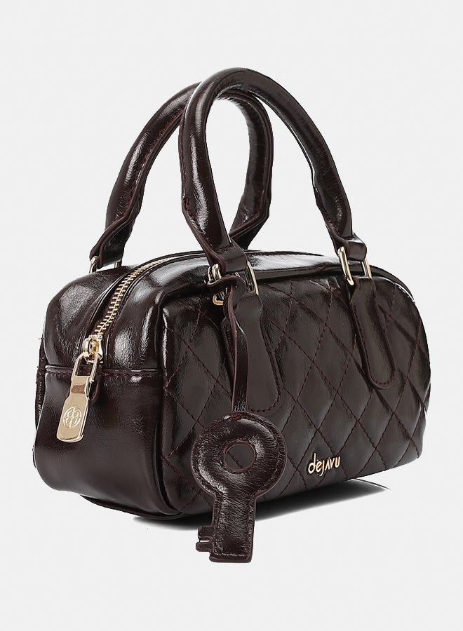 Dejavu BAGS LID-DVTX-029 Quilted Bowler Shinny Zipper Closure Handbag - Burgundy - Image 2