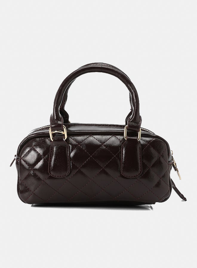 Dejavu BAGS LID-DVTX-029 Quilted Bowler Shinny Zipper Closure Handbag - Burgundy - Image 3