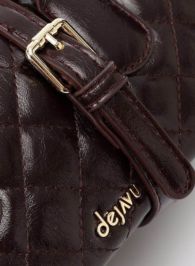 Dejavu BAGS LID-DVTX-029 Quilted Bowler Shinny Zipper Closure Handbag - Burgundy - Image 4