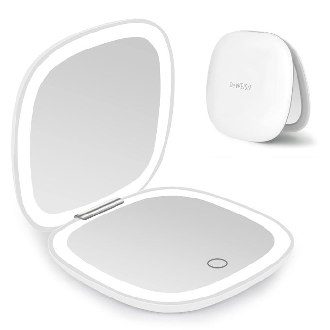 COMPACT MIRROR LIGHTED TRAVEL MAKEUP MIRROR WITH 1X10X MAGNIFYING DOUBLE SIDED DIMMABLE PORTABLE POCKET FOR HANDBAG AND POCKET USB CHARGINGWHITE