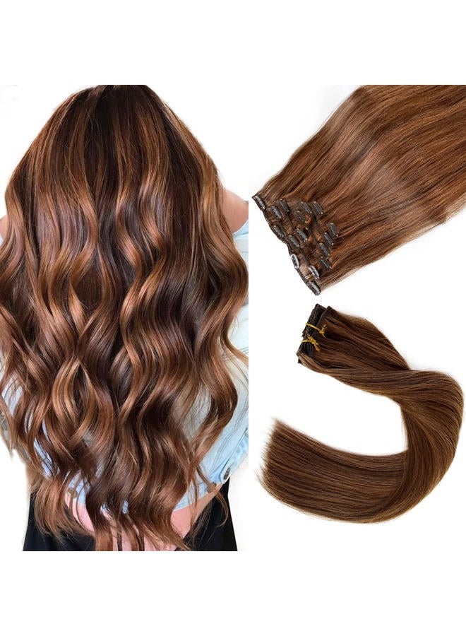 Ubetta Clip in Hair Extensions, Chocolate Brown to Auburn Clip in Hair Extensions Real Human Hair Clip ins, 18 Inch 7 Pieces 70G Double Weft Straight Remy Human Hair Clip in Extensions - Image 1