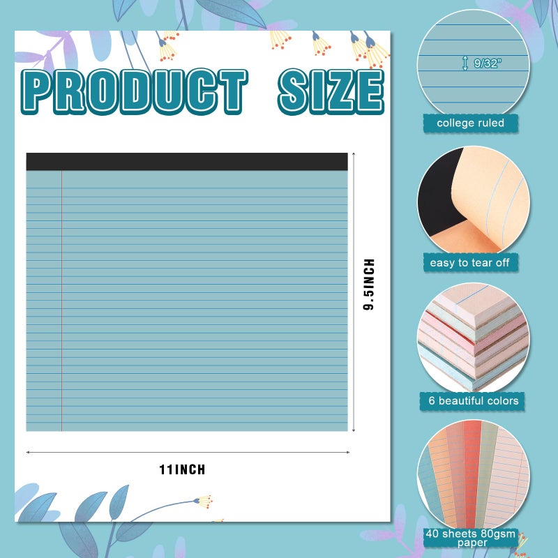 Lincia 6 Pcs 11"" X 9.5"" Legal Pads College Ruled Notepad Landscape Notebook Horizontal Lined Notebook 80 Gsm Assorted Colors Paper Pastel Writing Pads For School Office  40 Sheet (Vintage Color) - Image 2