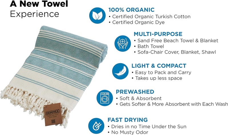 DEMMEX Certified Organic Turkish Cotton Soft Bath Towel - Luxury Oversized Peshtemal for Bathroom, Bath Sheet - Lightweight Quick-Drying Beach Towel - Prewashed, Diamond Weave, 180x90 cm - Image 4