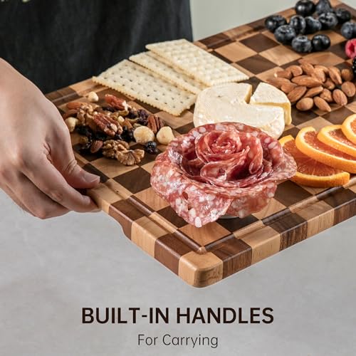 FYCTIO Checkerboard Cutting Boards for Kitchen, Acacia Wooden Cutting Board, End Grain Chopping Board with Juice Groove, Serving Tray for Meat, Vegetables, Fruits, Bread, Cheese, 14" X 11" X 0.8" - Image 5