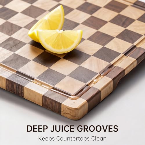 FYCTIO Checkerboard Cutting Boards for Kitchen, Acacia Wooden Cutting Board, End Grain Chopping Board with Juice Groove, Serving Tray for Meat, Vegetables, Fruits, Bread, Cheese, 14" X 11" X 0.8" - Image 4