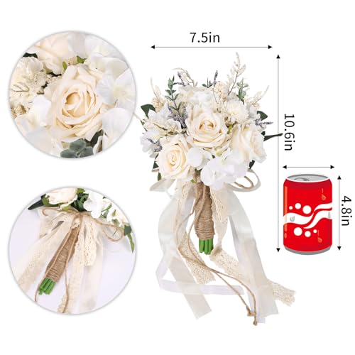 CEWOR Wedding Bouquets for Bride Bridesmaid, White Champagne Artificial Roses Flowers Wedding Decoration (7.5in) - Image 2
