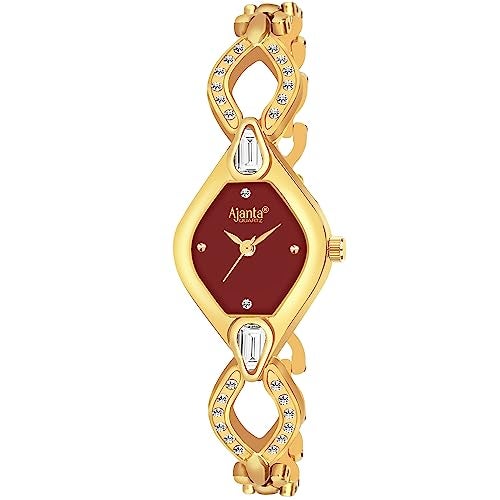 Ajanta Quartz Stainless Steel Watches Analog Studded Gold Band and Maroon Dial Women's Watch for Girls & Miss & Ladies Diamond Studded with Stylish Watches - Image 1