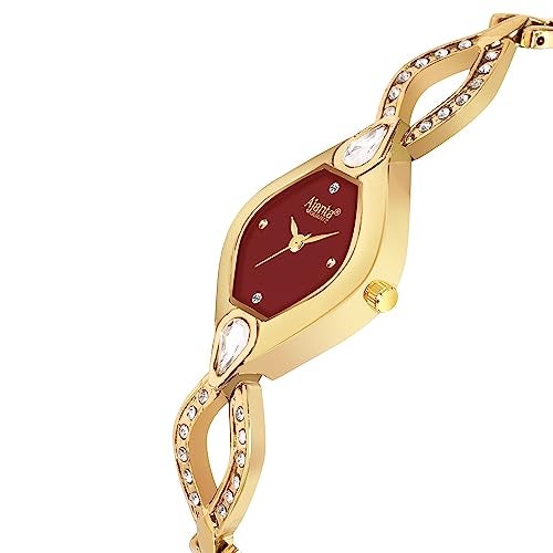 Ajanta Quartz Stainless Steel Watches Analog Studded Gold Band and Maroon Dial Women's Watch for Girls & Miss & Ladies Diamond Studded with Stylish Watches - Image 5