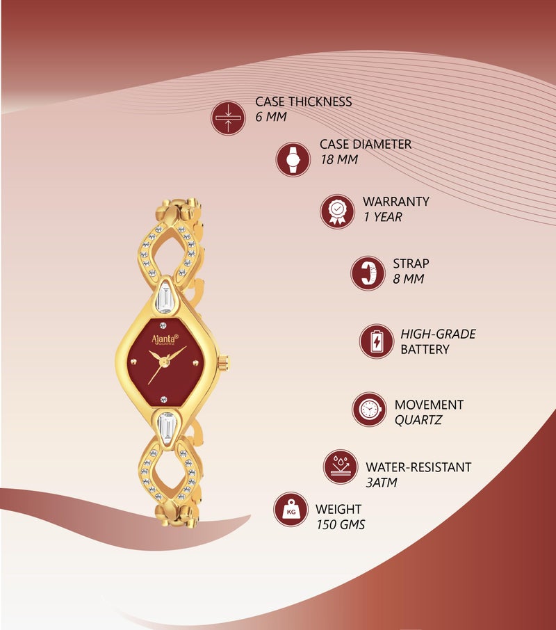 Ajanta Quartz Stainless Steel Watches Analog Studded Gold Band and Maroon Dial Women's Watch for Girls & Miss & Ladies Diamond Studded with Stylish Watches - Image 2