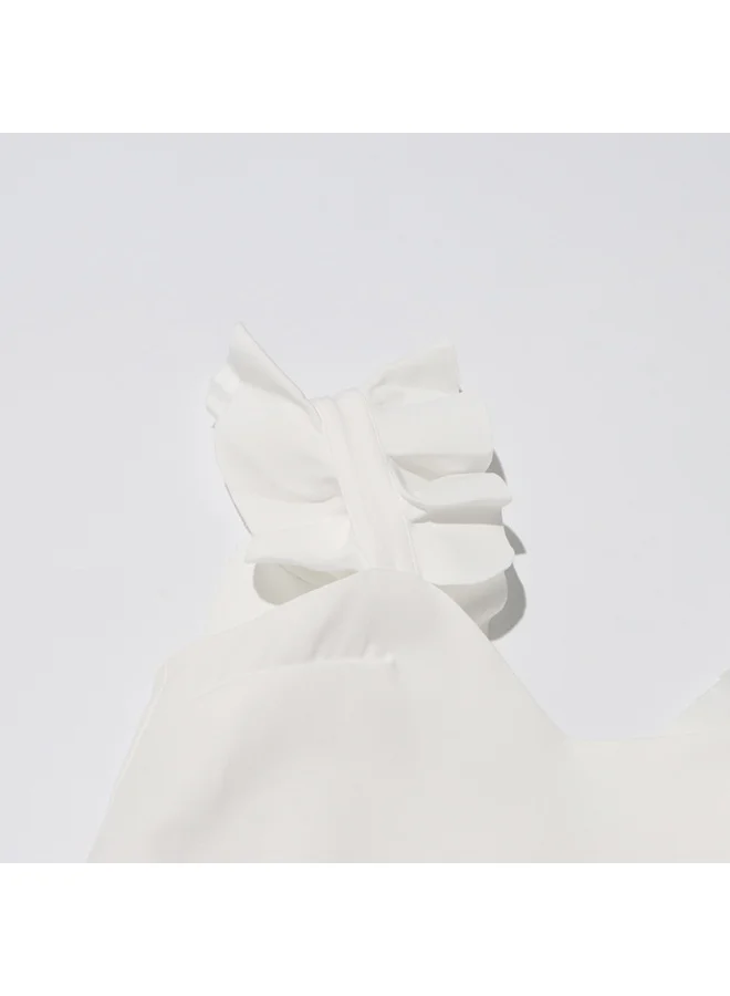 Madam Uniq Elegant White 3D Floral Maxi Dress, Sleeveless & Ruffled Shoulder, Runway - Style Gown