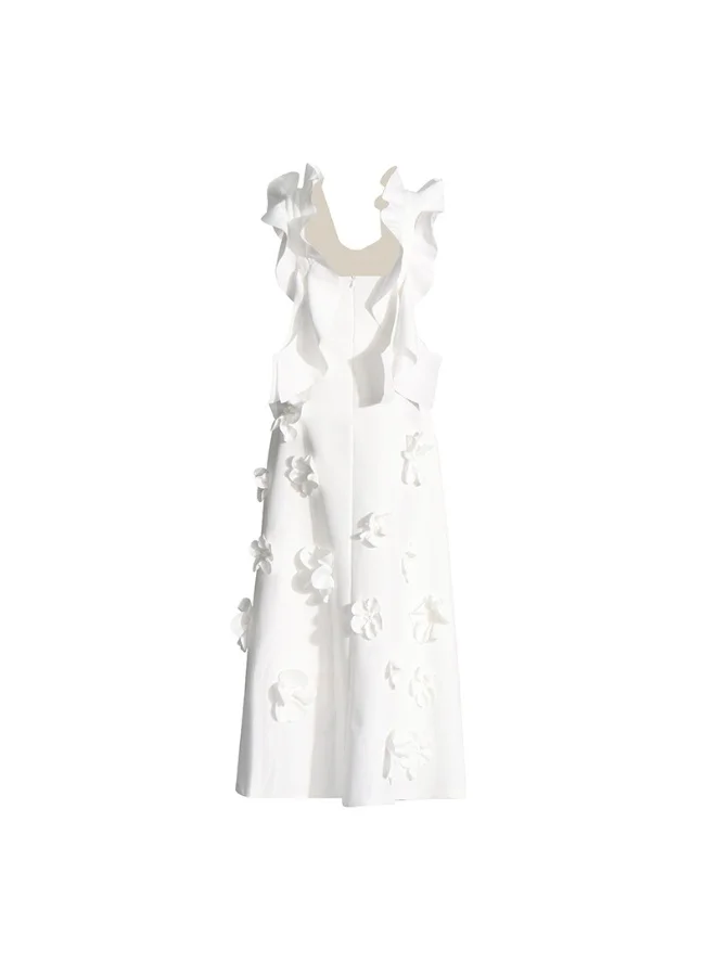 Madam Uniq Elegant White 3D Floral Maxi Dress, Sleeveless & Ruffled Shoulder, Runway - Style Gown
