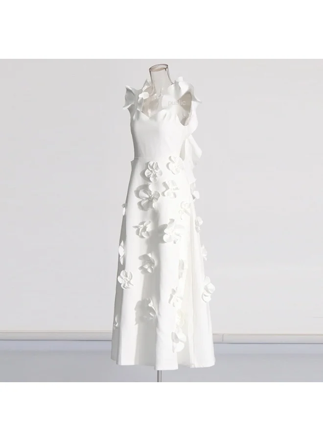 Madam Uniq Elegant White 3D Floral Maxi Dress, Sleeveless & Ruffled Shoulder, Runway - Style Gown