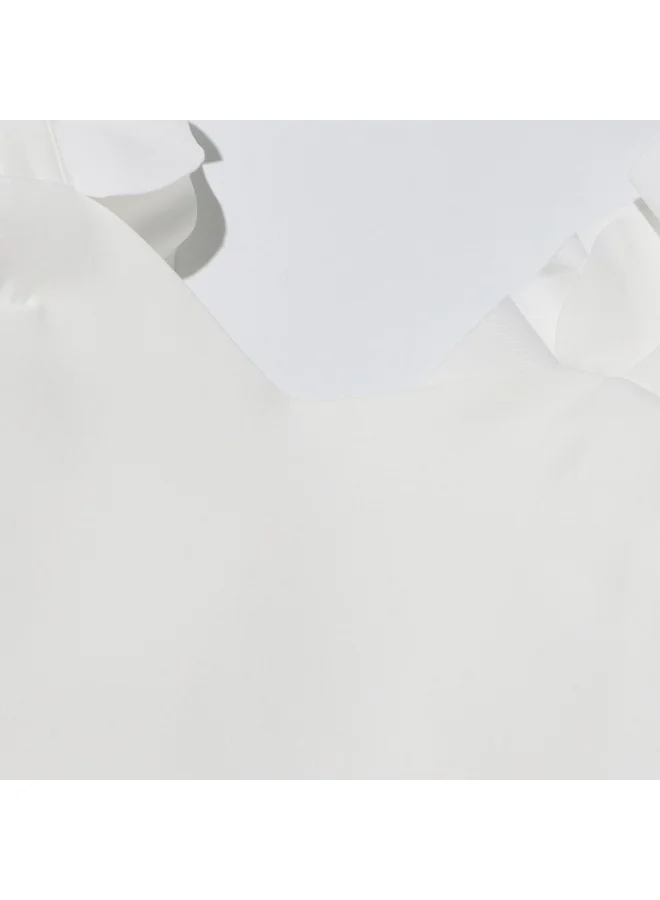 Madam Uniq Elegant White 3D Floral Maxi Dress, Sleeveless & Ruffled Shoulder, Runway - Style Gown