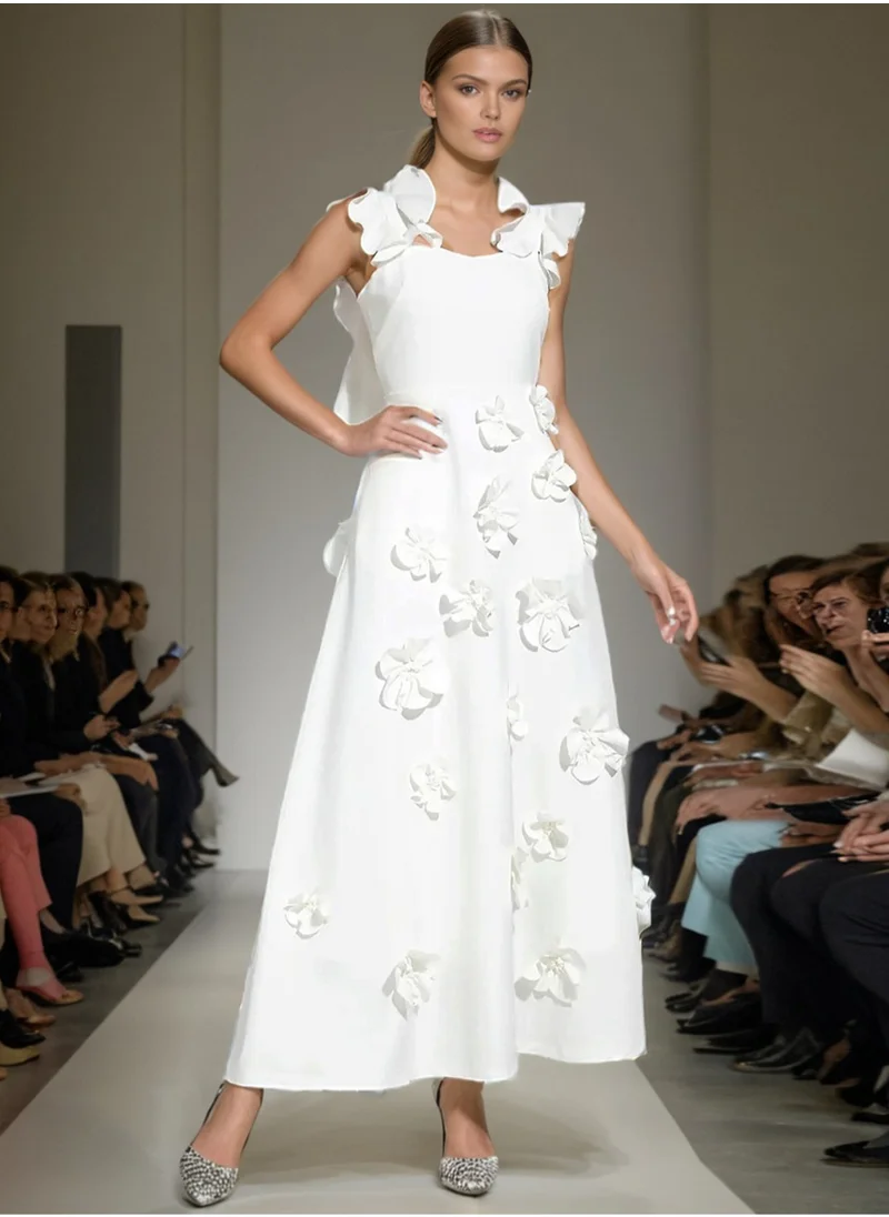 Madam Uniq Elegant Fashion Show Long Dress with Tiered Floral Spaghetti Straps for Women