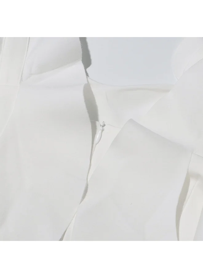 Madam Uniq Elegant White 3D Floral Maxi Dress, Sleeveless & Ruffled Shoulder, Runway - Style Gown