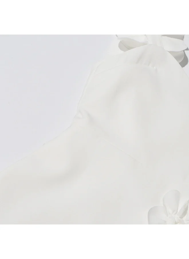 Madam Uniq Elegant White 3D Floral Maxi Dress, Sleeveless & Ruffled Shoulder, Runway - Style Gown