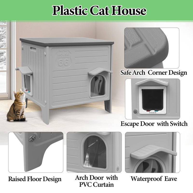 Deblue Cat House Outdoor Weatherpoof Plastic Cats Houses with Escape Door Indoor Waterproof Feral/Pet Cat Shelter Outside for Puppy, Rabbit(Grey) - Image 5