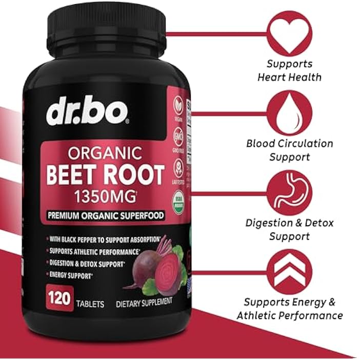 dr.bo Organic Beet Root Capsules Supplements - 1350mg Beetroot Powder Extract Pills, Organic Beet Root Powder Supplement, Super Nitric Oxide Beets High Circulation Total Vitamins Support - 120 Beets Tablets - Image 2