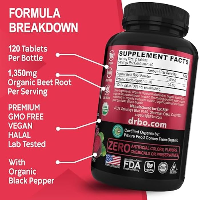 dr.bo Organic Beet Root Capsules Supplements - 1350mg Beetroot Powder Extract Pills, Organic Beet Root Powder Supplement, Super Nitric Oxide Beets High Circulation Total Vitamins Support - 120 Beets Tablets - Image 5