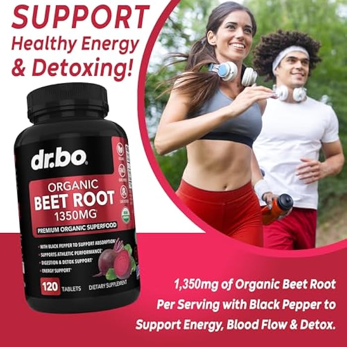 dr.bo Organic Beet Root Capsules Supplements - 1350mg Beetroot Powder Extract Pills, Organic Beet Root Powder Supplement, Super Nitric Oxide Beets High Circulation Total Vitamins Support - 120 Beets Tablets - Image 3