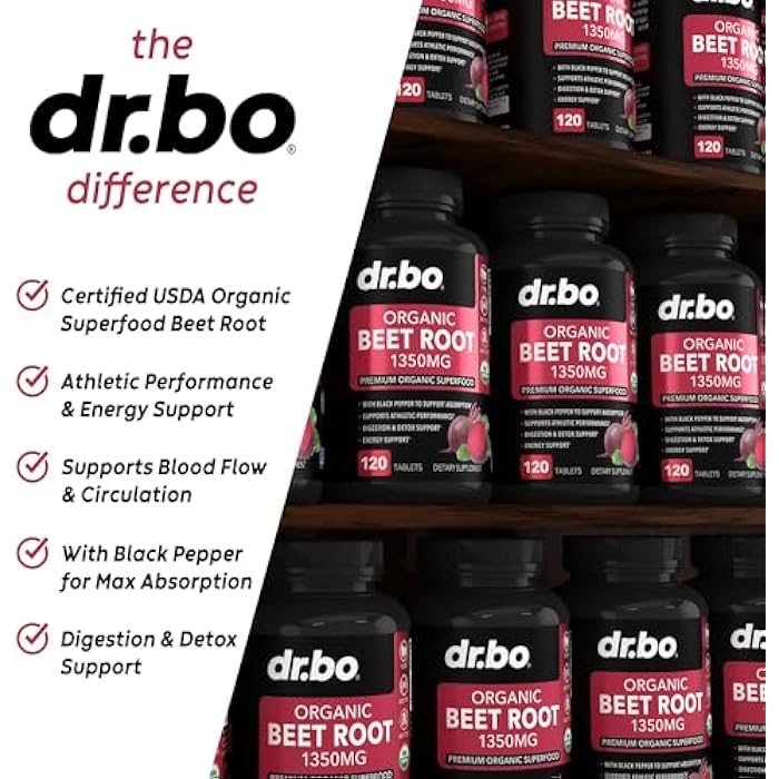 dr.bo Organic Beet Root Capsules Supplements - 1350mg Beetroot Powder Extract Pills, Organic Beet Root Powder Supplement, Super Nitric Oxide Beets High Circulation Total Vitamins Support - 120 Beets Tablets - Image 4