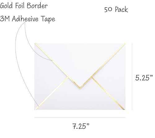 CHRIZ.Z A7 Envelopes - V Flap Foil Border Luxury Mailing Envelopes for 5" x 7" Cards - for Wedding, Invitations, Baby Shower, Photos, Graduation, Birthday, Bridal Shower - 5.25" x 7.25" (White, 50 Pack) - Image 2