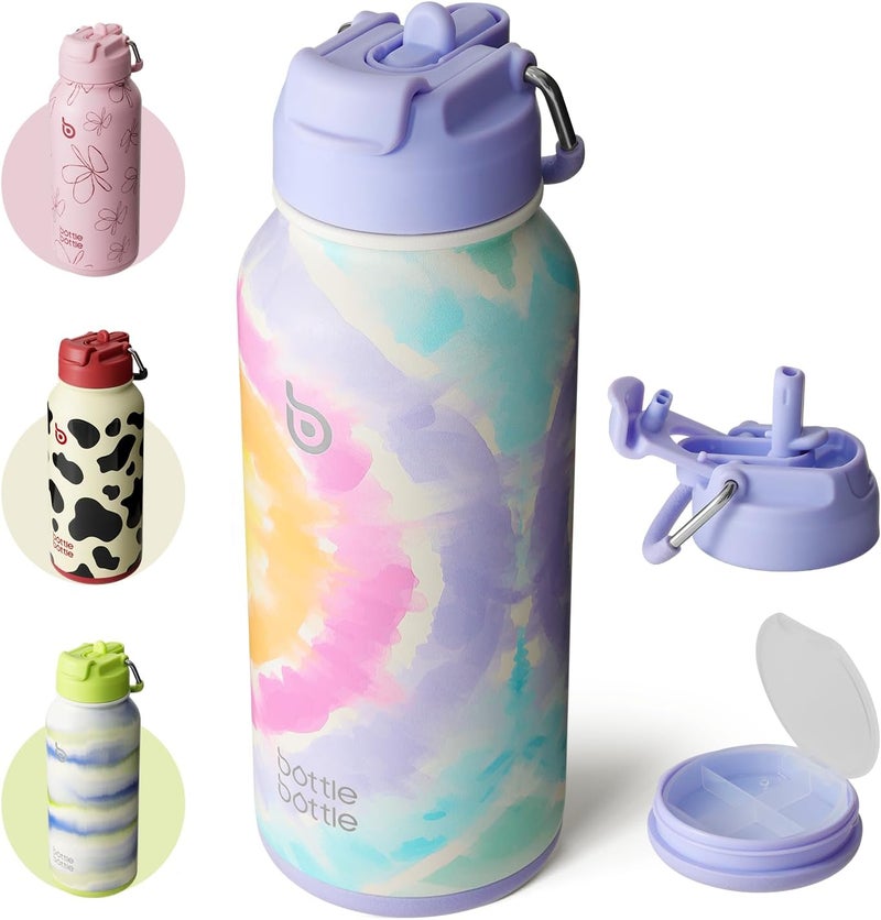 bottle bottle bottlebottle 1L Stainless Steel Water Bottle with Straw - Leakproof Insulated Bottle for Sports and Gym, with Pill Compartment, BPA-Free, Double-Walled (Cotton Candy) - Image 1