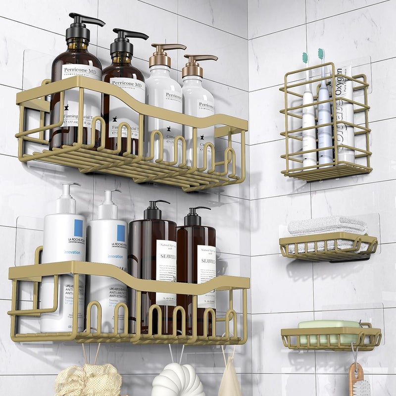 عدل مجموعة يوديل لحامل الدش 5 قطع، منظف دش لاصق لتخزين الحمام وديكور المنزل والمطبخ، لا حاجة للحفر، سعة كبيرة، منظف حمام من الفولاذ المقاوم للصدأ، أرفف دش للاستخدام داخل الدش - Image 1
