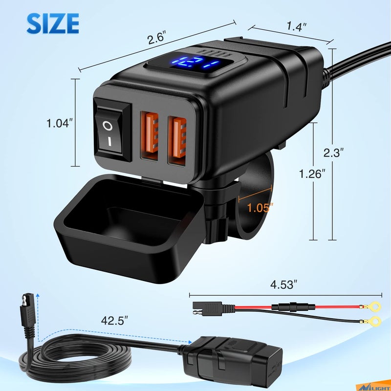 Nilight Motorcycle Charger with 12V Voltmeter Independent On Off Switch SAE USB Adapter Inline 10A Fuse Waterproof 6.8A Dual QC3.0 Fast Charging Phone Tablet for 7/8inch Handlebar ATV - Image 4