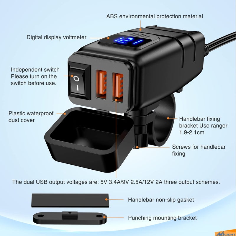 Nilight Motorcycle Charger with 12V Voltmeter Independent On Off Switch SAE USB Adapter Inline 10A Fuse Waterproof 6.8A Dual QC3.0 Fast Charging Phone Tablet for 7/8inch Handlebar ATV - Image 5