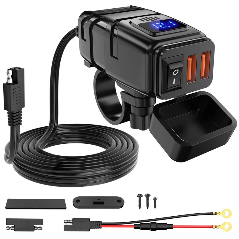 Nilight Motorcycle Charger with 12V Voltmeter Independent On Off Switch SAE USB Adapter Inline 10A Fuse Waterproof 6.8A Dual QC3.0 Fast Charging Phone Tablet for 7/8inch Handlebar ATV - Image 1