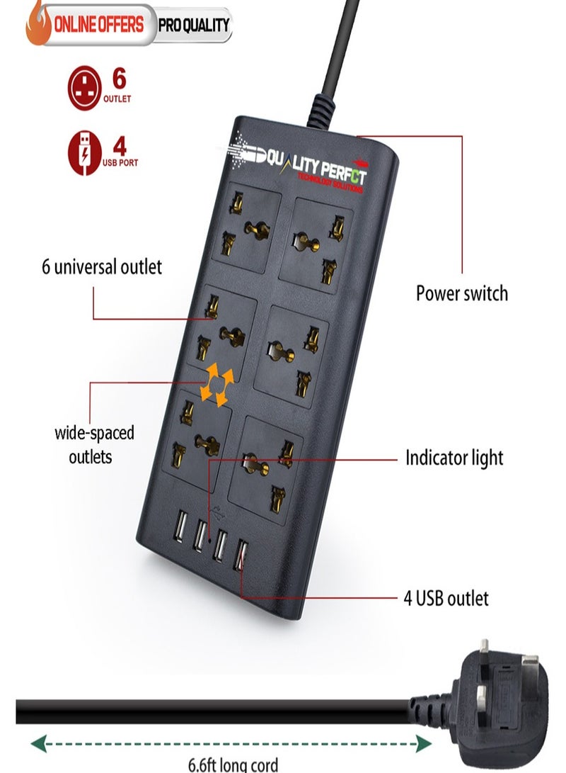 Draxon extension Socket, Draxon antifire surge protector with 6 outlets and 4 USB ports,  power socket 6.6 feet (2 meters) - Image 4