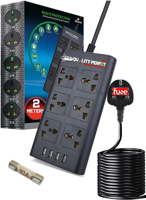 extension Socket, Draxon antifire surge protector with 6 outlets and 4 USB ports,  power socket 6.6 feet (2 meters)