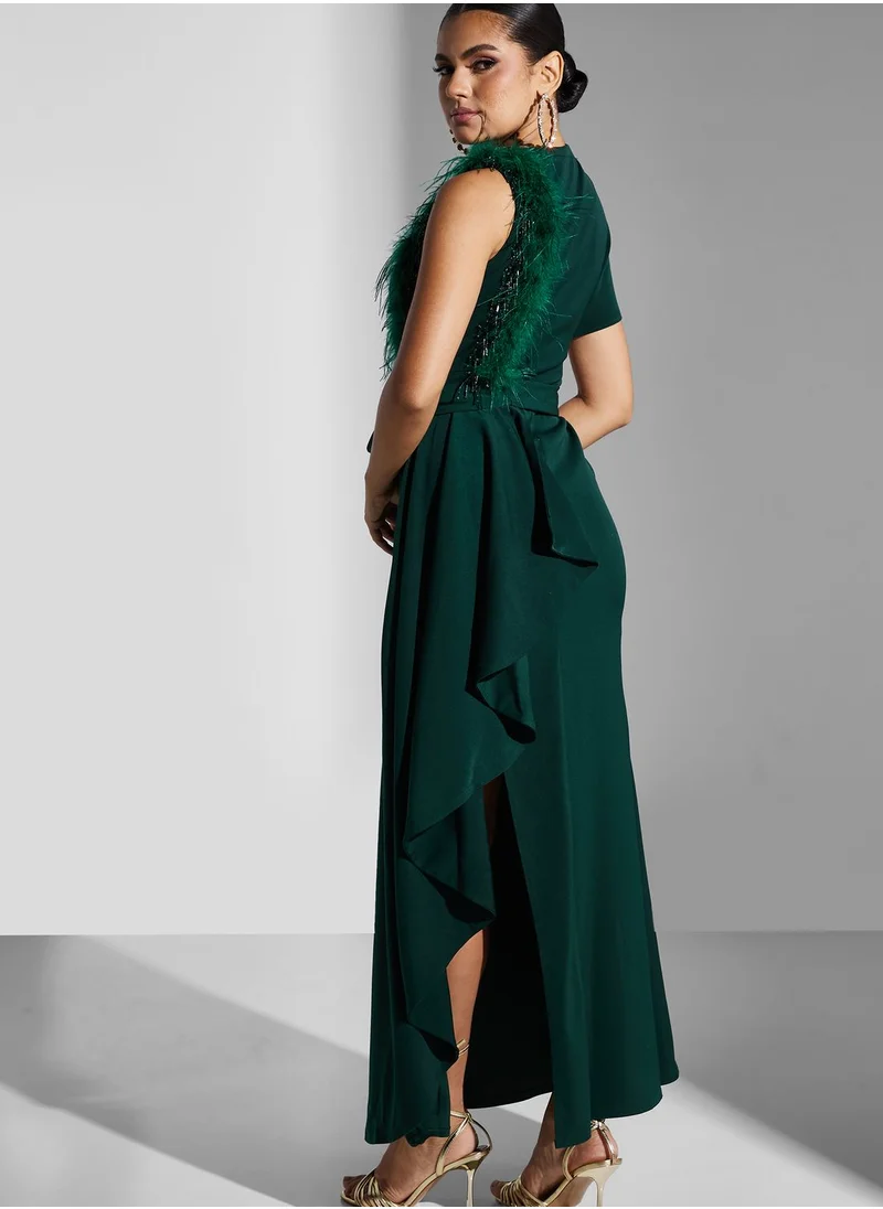 Iyra One Shoulder Tie Detail Side Slit Dress