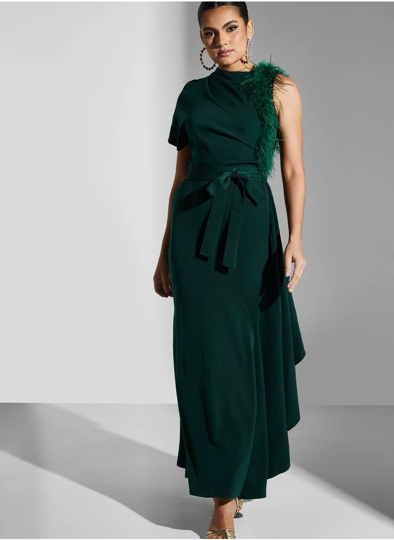 Iyra One Shoulder Tie Detail Side Slit Dress