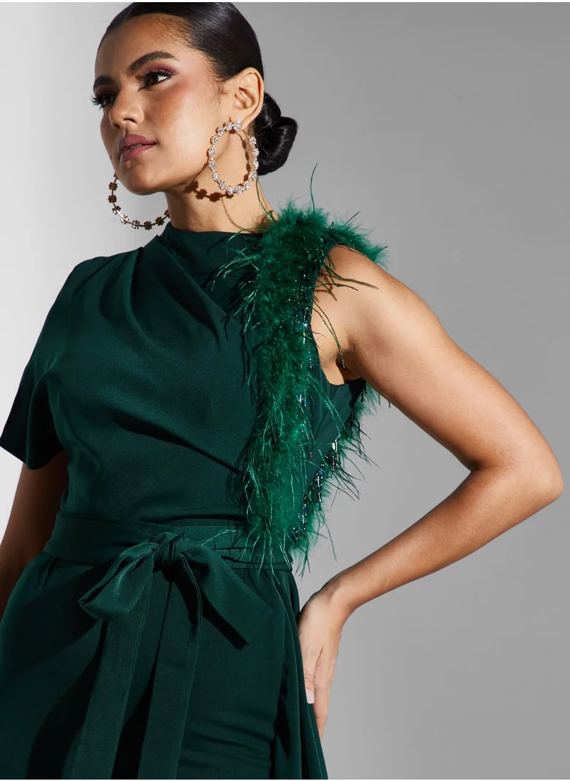 Iyra One Shoulder Tie Detail Side Slit Dress