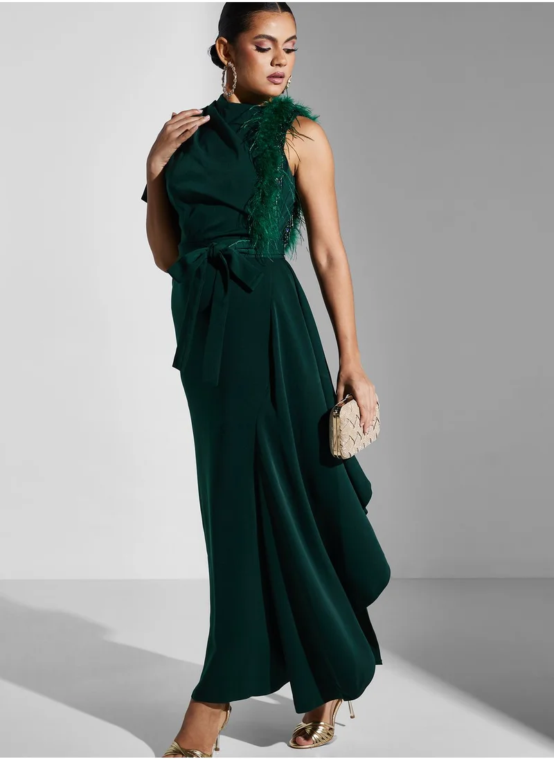 Iyra One Shoulder Tie Detail Side Slit Dress