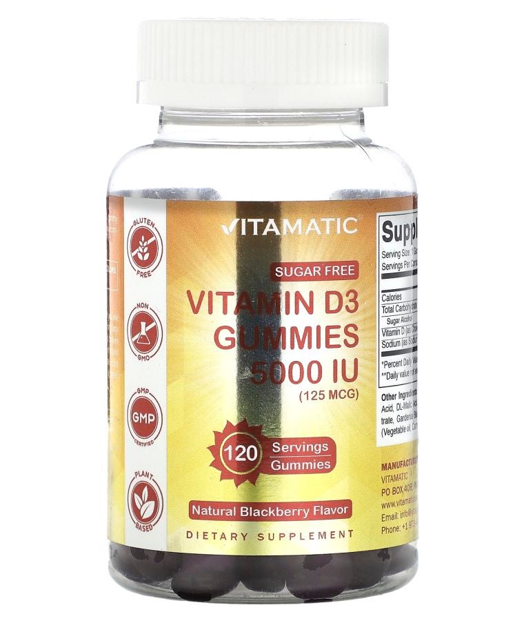 Vitamatic Sugar Free Vitamin D3 Gummies Natural Blackberry 125 mcg (5000 IU ) 120 Gummies