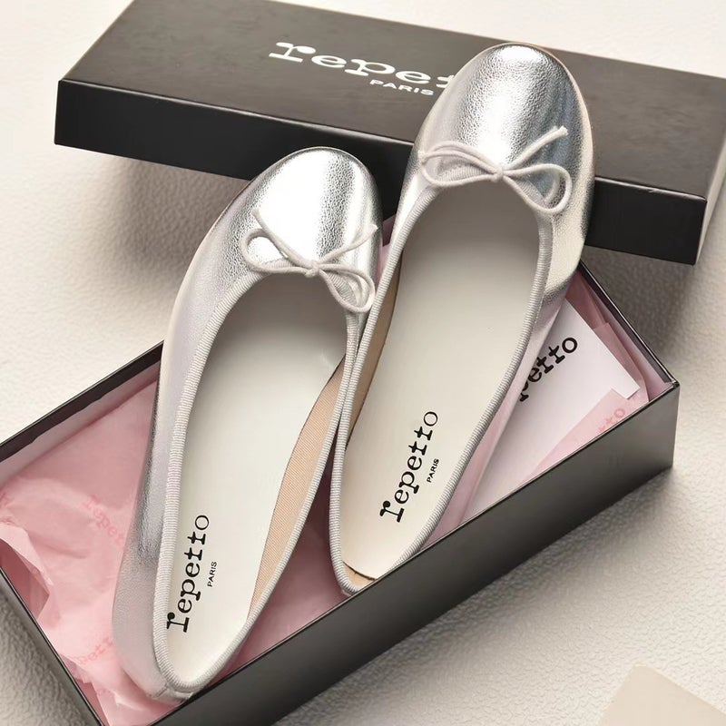Dongguan Channel Goods! French Elegant Silver Leather Ballet Flats Round Toe Shallow Bow Red Shoes - Image 2