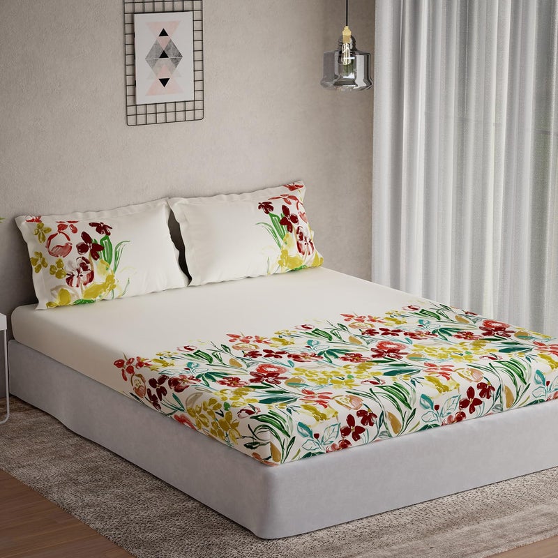 DDECOR Live beautiful Ddecor Galaxy Collection Bedsheet Set - 100% Cotton Bedsheet for Double Bed, Floral, 145 TC, Double Bedsheet with 2 Pillow Covers - Red  - Image 1