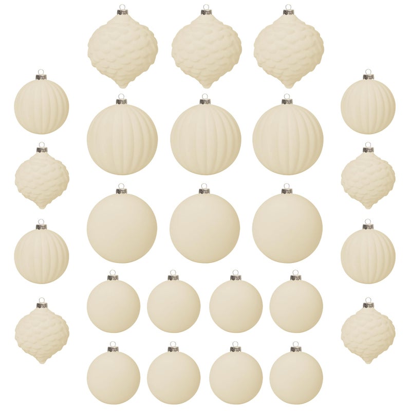 KI Store Velvet Christmas Balls Cream White 25pcs Flocked Christmas Tree Ornaments Assortment for Xmas Tree Holiday Decor