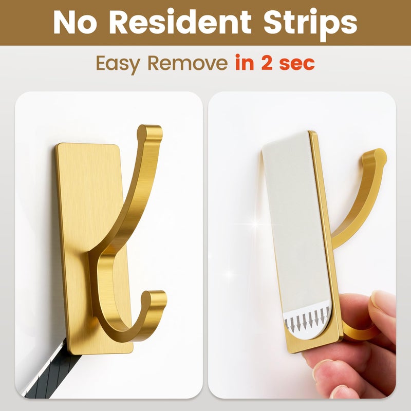 pickpiff Adhesive Wall Hooks with Strip - No Residue, Easy to Remove, Strong Heavy Duty Sticky Towel Hook, 4 Pack Brushed Gold - Image 2